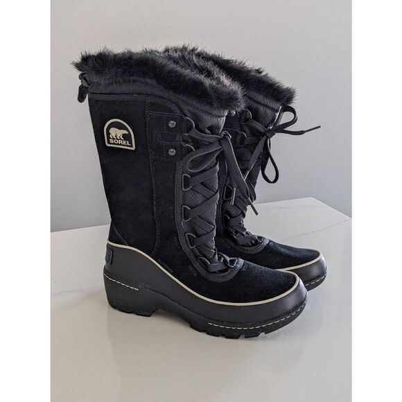 Sorel Tivoli Mid Calf Boots Women’s Sz 7 Black Suede Waterproof Lace Up Faux Fur - Picture 1 of 6